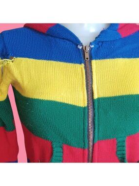 XS Vintage Hoodie Sweater Women's Rainbow Striped Knit Zip-Up Pockets 70's Hippy